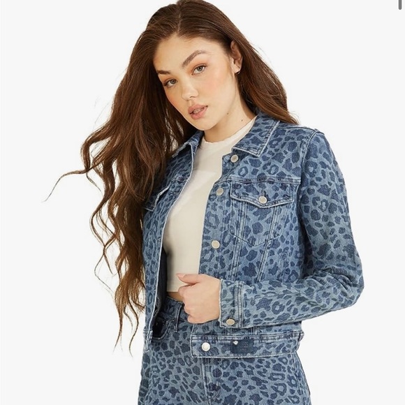 Guess Jackets & Blazers - Guess Doria Animal Print Cropped Denim Jean Jacket